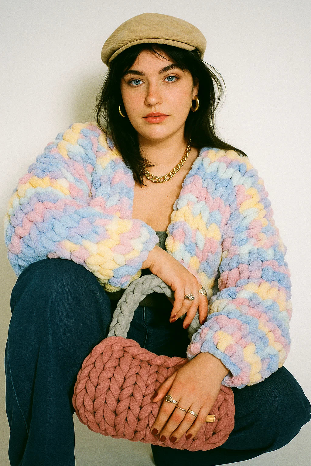 Bunte Marshmallow Jacke – Handgestrickt & Einzigartig - Velyna Bags